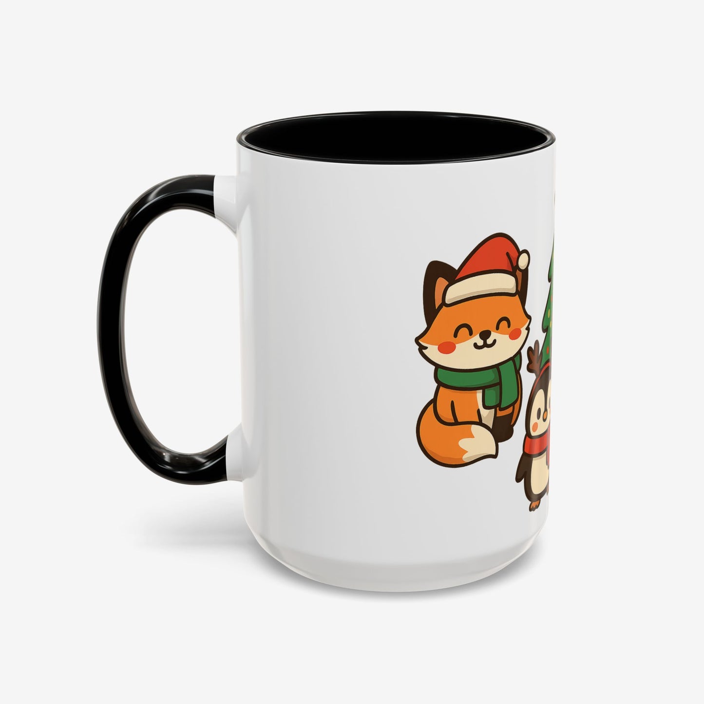 Kerst Dieren Mok — Schattige Pinguïn, Vos & Roodborstje met Kerstboom