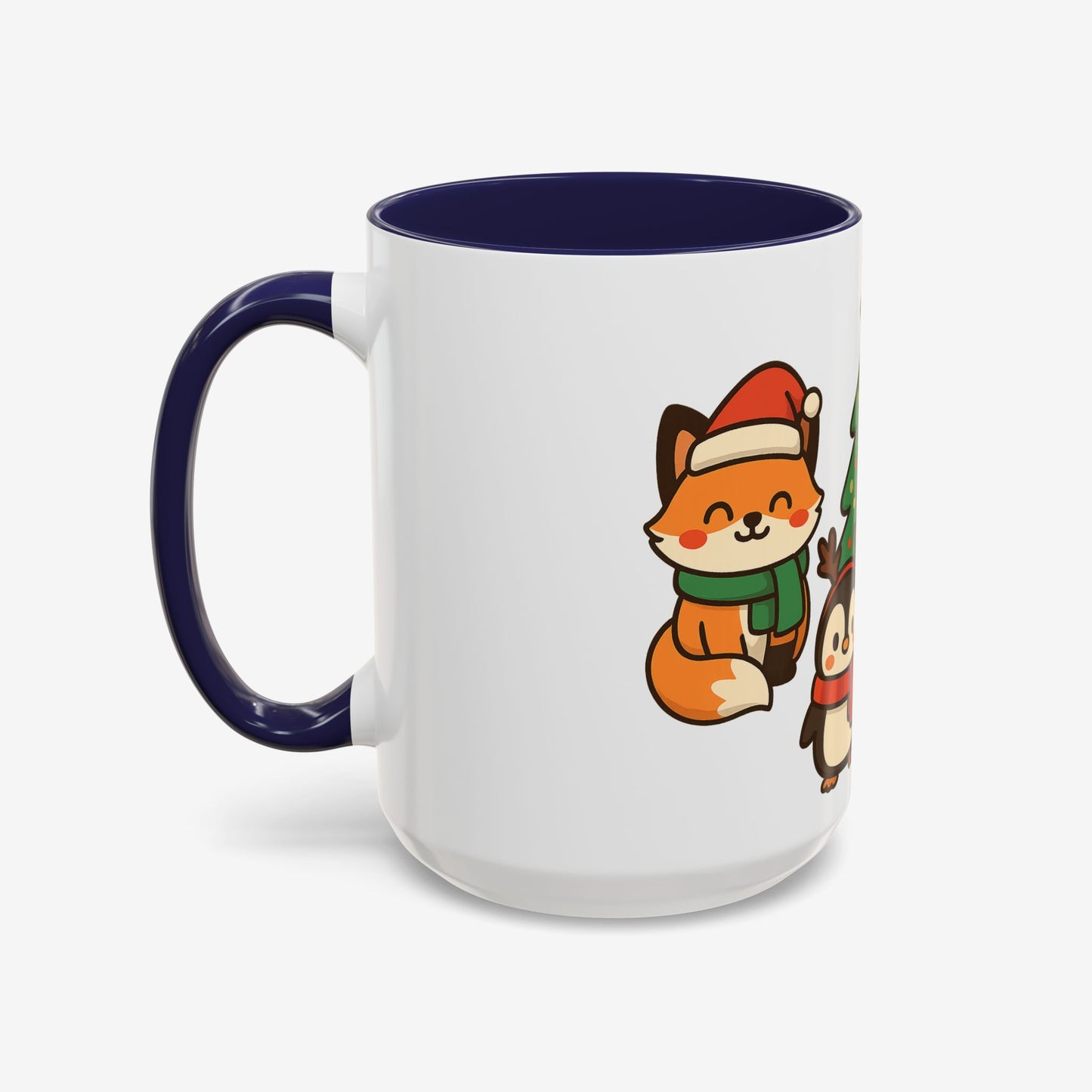 Kerst Dieren Mok — Schattige Pinguïn, Vos & Roodborstje met Kerstboom