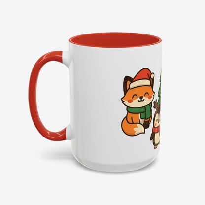 Kerst Dieren Mok — Schattige Pinguïn, Vos & Roodborstje met Kerstboom