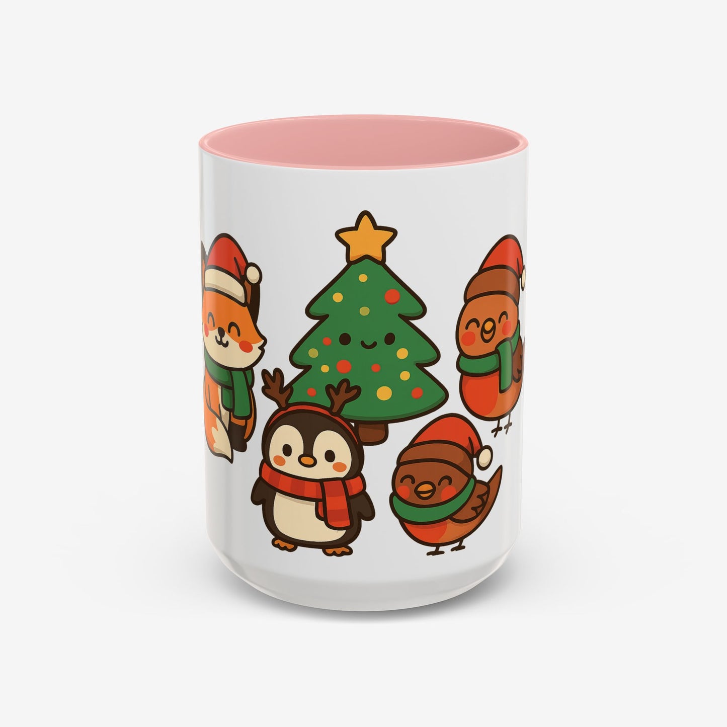 Kerst Dieren Mok — Schattige Pinguïn, Vos & Roodborstje met Kerstboom