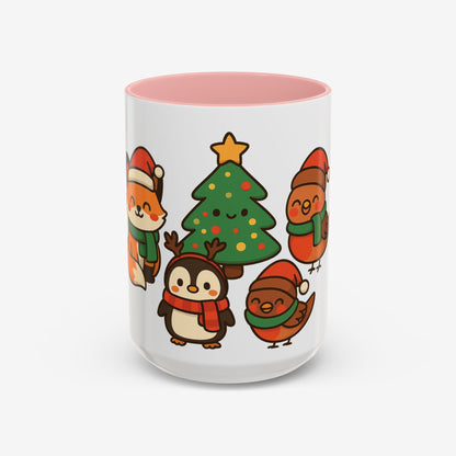 Kerst Dieren Mok — Schattige Pinguïn, Vos & Roodborstje met Kerstboom