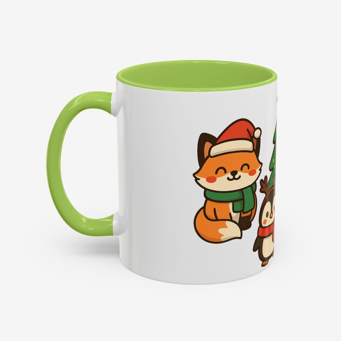 Kerst Dieren Mok — Schattige Pinguïn, Vos & Roodborstje met Kerstboom