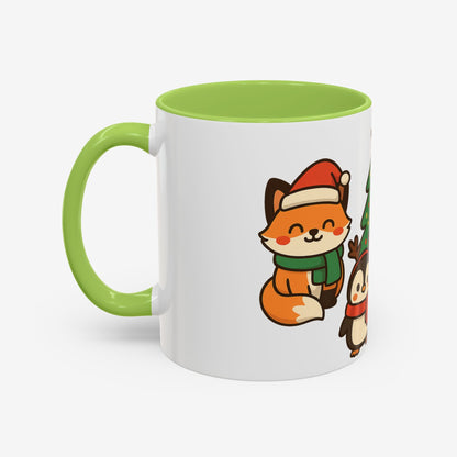 Kerst Dieren Mok — Schattige Pinguïn, Vos & Roodborstje met Kerstboom