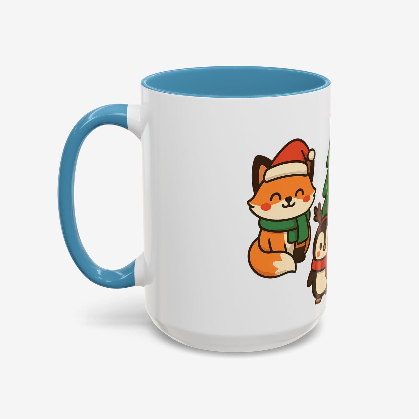 Kerst Dieren Mok — Schattige Pinguïn, Vos & Roodborstje met Kerstboom