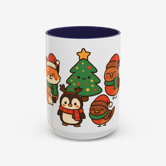 Kerst Dieren Mok — Schattige Pinguïn, Vos & Roodborstje met Kerstboom