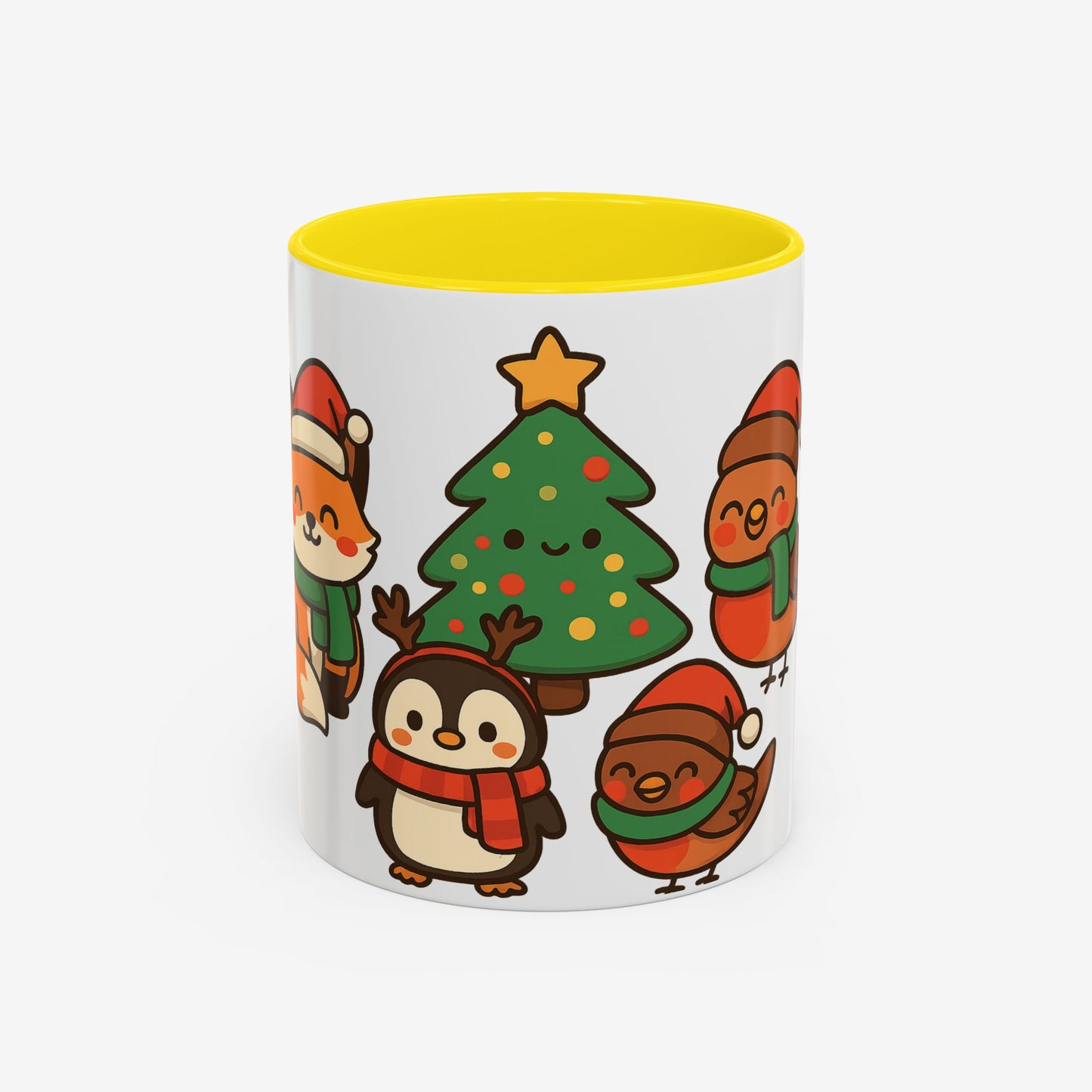 Kerst Dieren Mok — Schattige Pinguïn, Vos & Roodborstje met Kerstboom