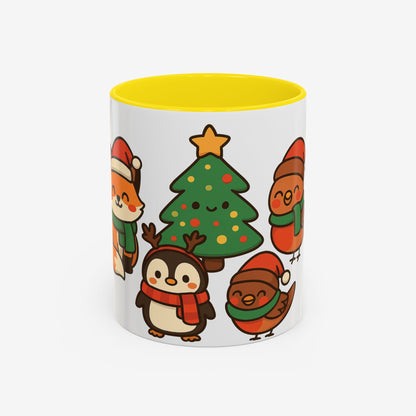 Kerst Dieren Mok — Schattige Pinguïn, Vos & Roodborstje met Kerstboom