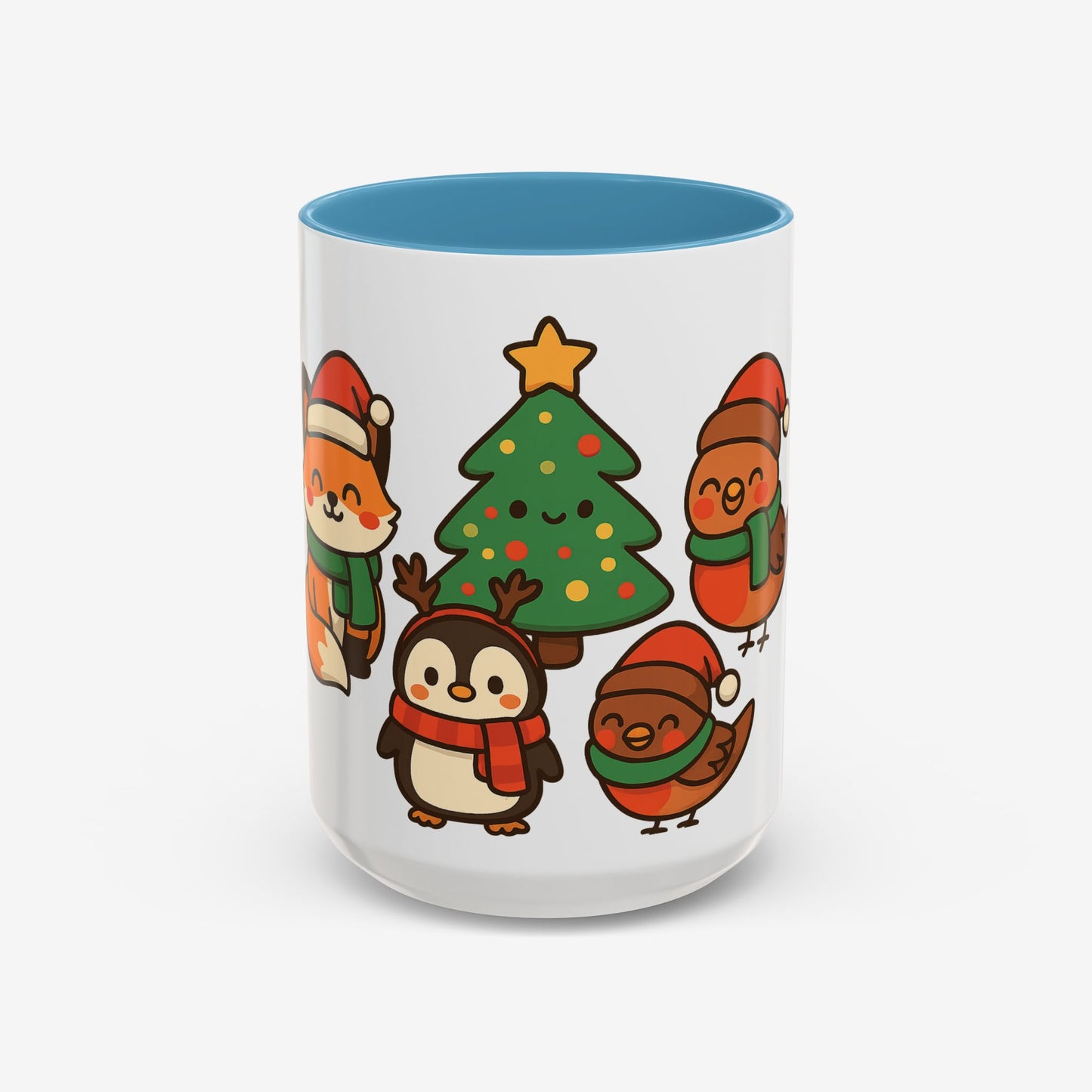 Kerst Dieren Mok — Schattige Pinguïn, Vos & Roodborstje met Kerstboom