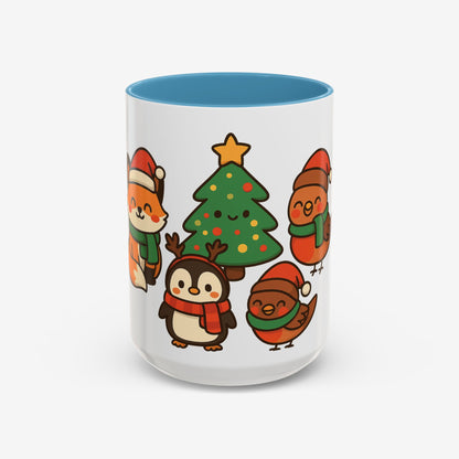 Kerst Dieren Mok — Schattige Pinguïn, Vos & Roodborstje met Kerstboom