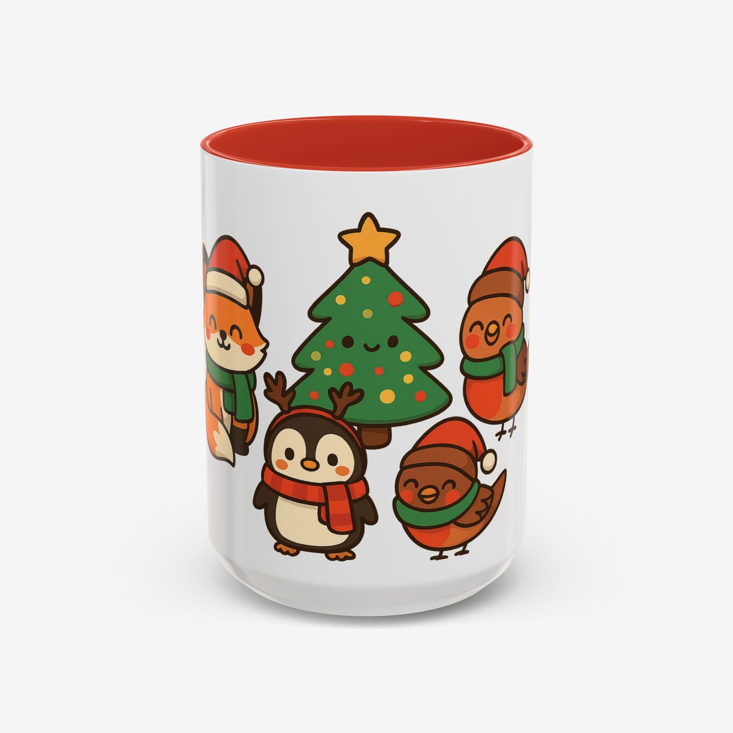 Kerst Dieren Mok — Schattige Pinguïn, Vos & Roodborstje met Kerstboom