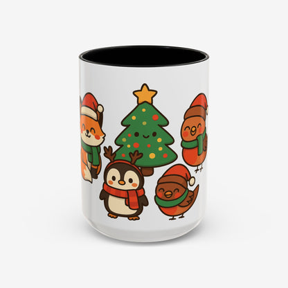 Kerst Dieren Mok — Schattige Pinguïn, Vos & Roodborstje met Kerstboom