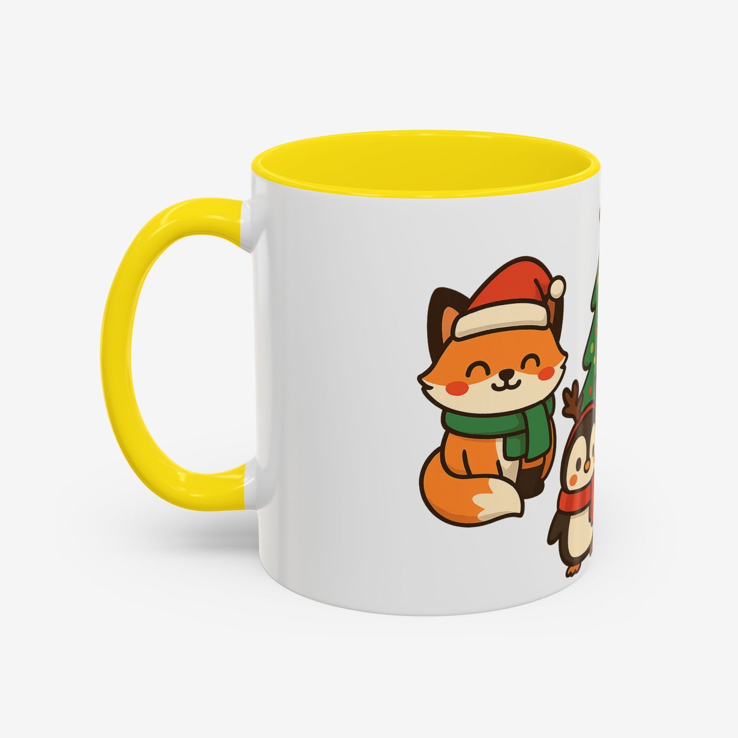 Kerst Dieren Mok — Schattige Pinguïn, Vos & Roodborstje met Kerstboom